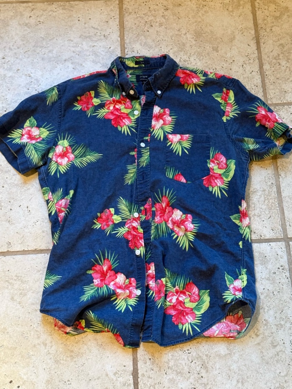 J. Crew Navy Short-Sleeve Floral Button-Down Shirt- Men’s M Linen/Cotton blend